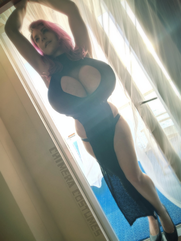 Woman with large chest experiencing the classic button-up shirt gapping problem